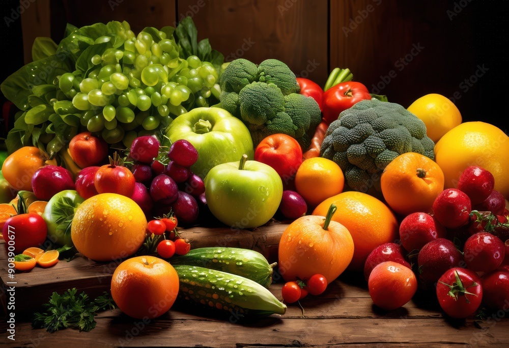 vibrant arrangement fresh produce displayed rustic wooden surface variety colorful fruits vegetables, art, appetizing, basket, bounty, bright, culinary vibrant arrangement fresh produce displayed rustic wooden surface variety colorful fruits vegetables, art, appetizing, basket, bounty, bright, culinary