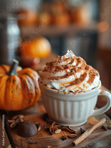 delicious pumpkin spice latte with whipped cream, fall decoration, fall background photo