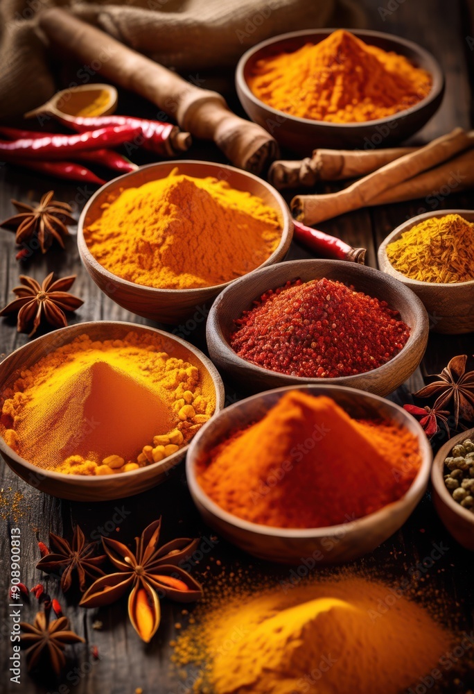colorful array vibrant spices artfully spread across rustic wooden surface showcasing rich textures natural colors, herbs, seasoning, culinary, ingredients colorful array vibrant spices artfully spread across rustic wooden surface showcasing rich textures natural colors, herbs, seasoning, culinary, ingredients