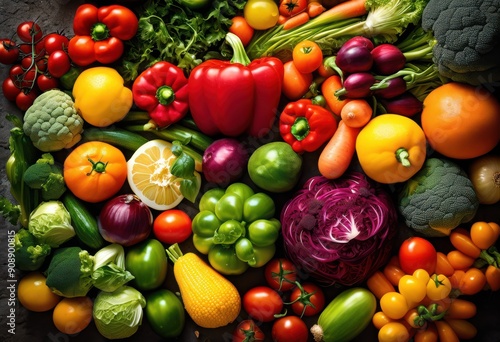 vibrant display colorful vegetables arranged beautifully rustic stone surface, carrot, bell, pepper, zucchini, tomato, cucumber, radish, squash