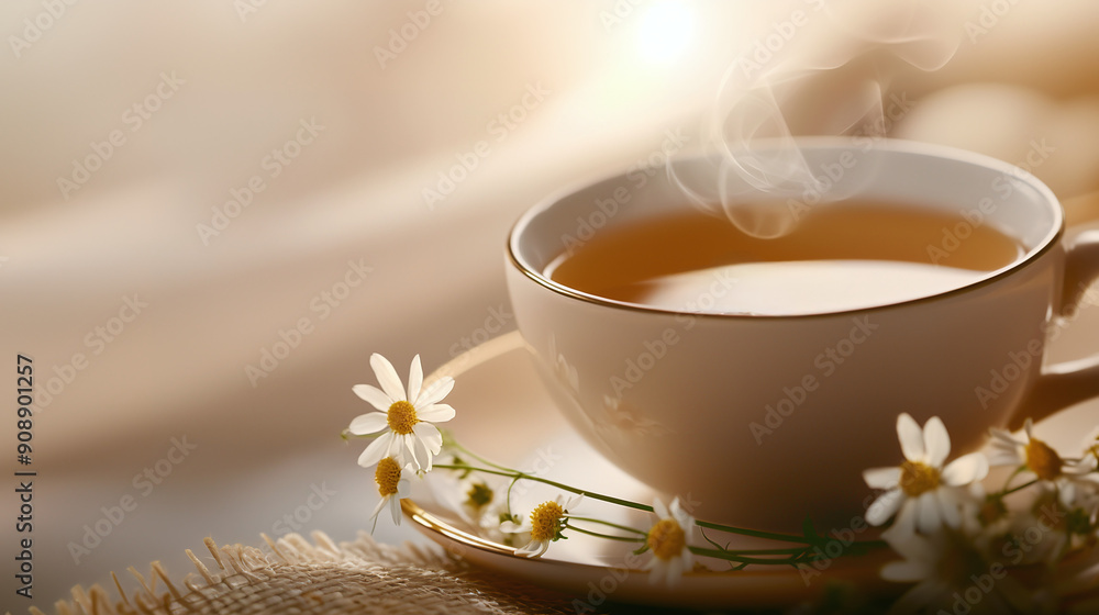 close-up of a luxurious beige porcelain cup filled with golden chamomile tea, with a few chamomile flowers close-up of a luxurious beige porcelain cup filled with golden chamomile tea, with a few chamomile flowers
