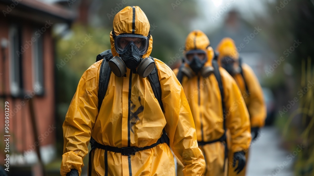 Person in a yellow hazmat suit and gas mask walking in a lineup, possibly for emergency containment. Person in a yellow hazmat suit and gas mask walking in a lineup, possibly for emergency containment.