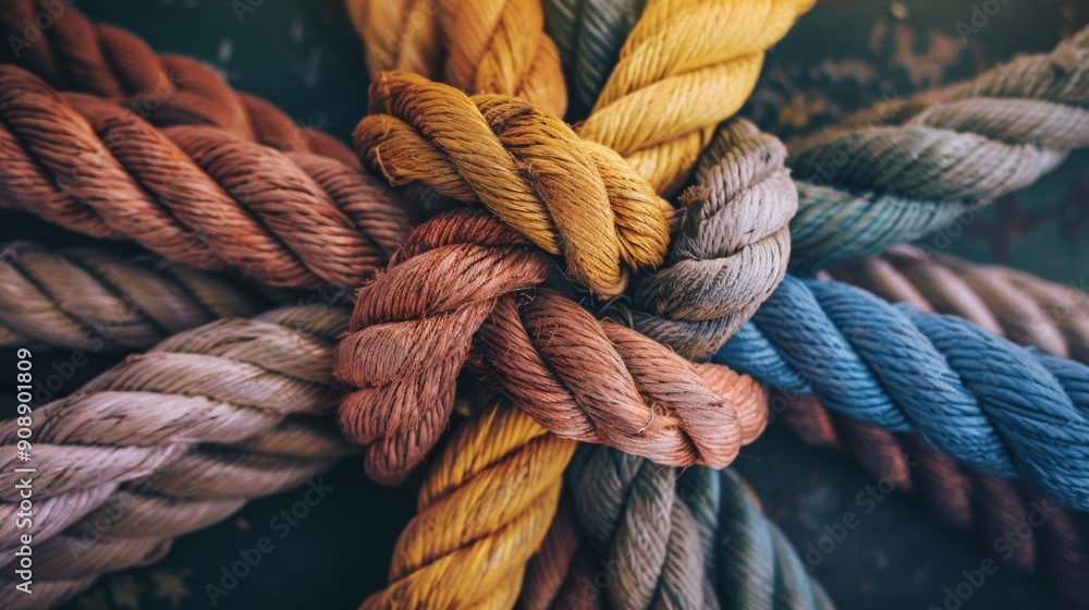 Photo of a diverse rope team. Strength, connection, cooperation, teamwork, unity, communication, support. Strong and diverse rope network. Photo of a diverse rope team. Strength, connection, cooperation, teamwork, unity, communication, support. Strong and diverse rope network.