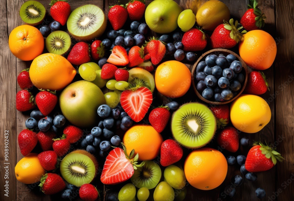 vibrant display colorful fruits artfully arranged eye catching flat lay style rustic wooden background, apples, bananas, berries, blueberries, cherries vibrant display colorful fruits artfully arranged eye catching flat lay style rustic wooden background, apples, bananas, berries, blueberries, cherries