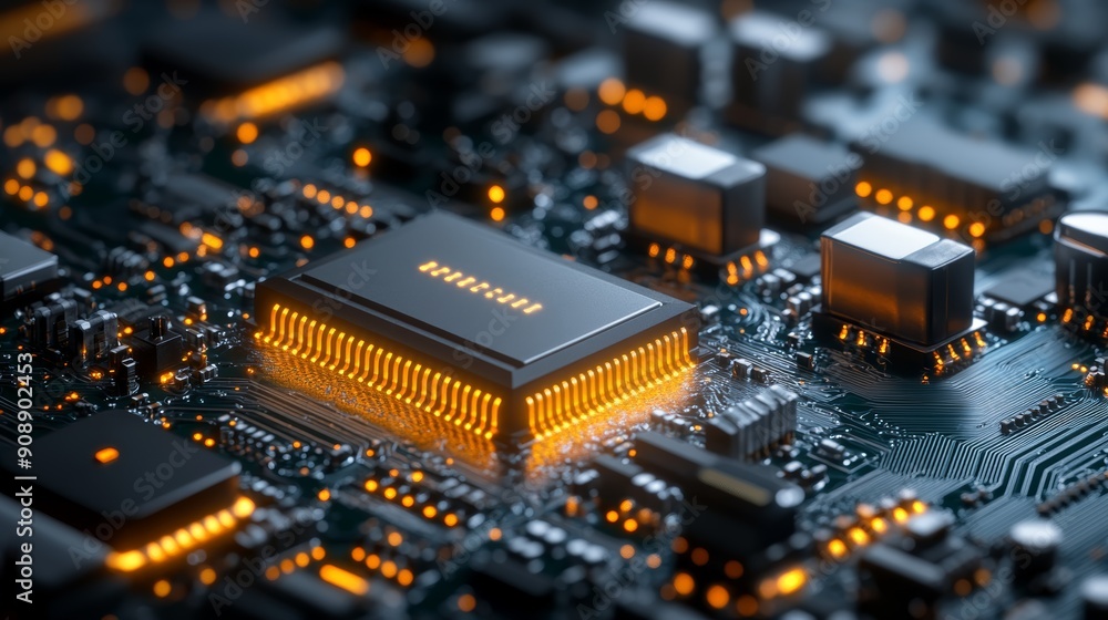 Close-Up of Glowing Microchip on Circuit Board Close-Up of Glowing Microchip on Circuit Board