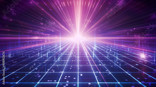 A vibrant background features glowing grid lines in purple and blue, radiating light towards the center, creating a futuristic atmosphere