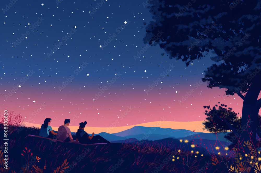 Three friends are relaxing on a blanket in the mountains, enjoying the beautiful view of a starry sky after sunset Three friends are relaxing on a blanket in the mountains, enjoying the beautiful view of a starry sky after sunset