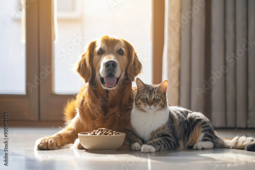 Happy dog and cat enjoying time together near food bowl in home interior