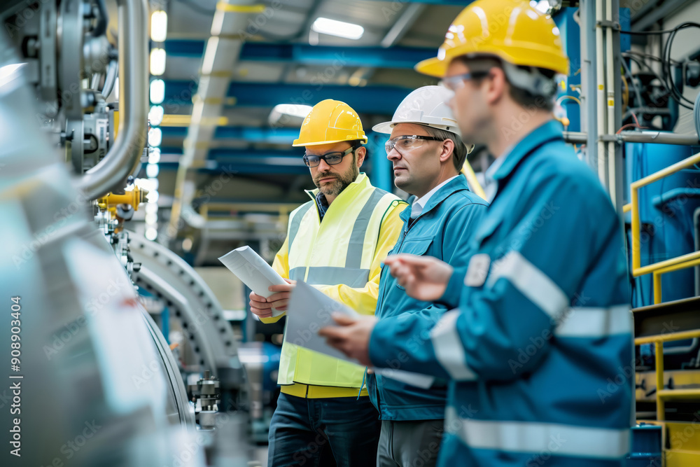 The engineers in safety gear discuss quality control measures at a factory The engineers in safety gear discuss quality control measures at a factory