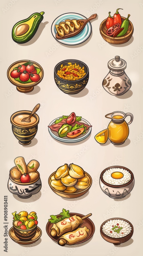 An assortment of vibrant dishes featuring vegetables, fruits, and grains arranged artistically An assortment of vibrant dishes featuring vegetables, fruits, and grains arranged artistically