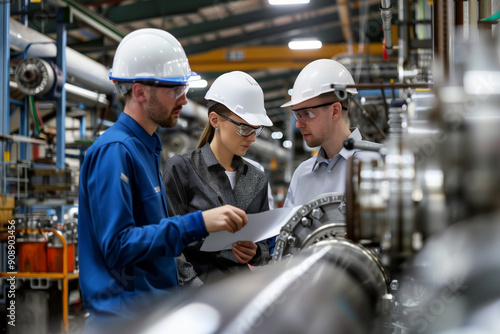 The engineers in safety gear discuss quality control measures at a factory