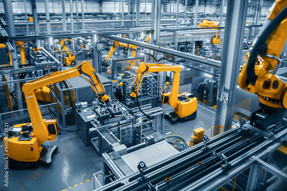 Robots and machinery in a high-tech manufacturing facility, optimizing production processes efficiently Robots and machinery in a high-tech manufacturing facility, optimizing production processes efficiently