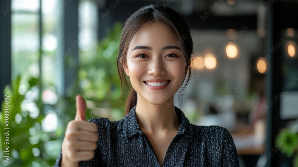 Smiling Woman Giving Thumbs Up in Office Smiling Woman Giving Thumbs Up in Office