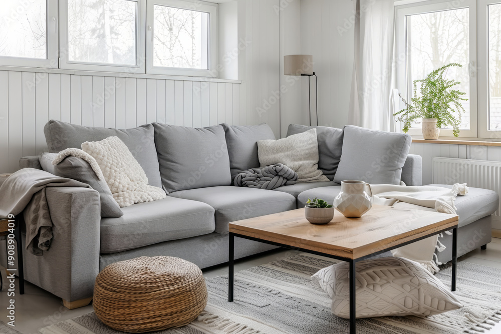 Bright living room in minimalist style with gray sofa, wooden coffee table and house plants Bright living room in minimalist style with gray sofa, wooden coffee table and house plants
