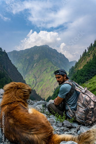 Young adventurer and his loyal dog capturing the thrill of gateway trekking in the pristine wilderness of the higher Himalayas. photo