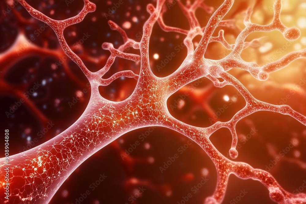 3D rendering of a human cell network showing fractal tree branches and trunks in close-up, on a red background with some light particles 3D rendering of a human cell network showing fractal tree branches and trunks in close-up, on a red background with some light particles