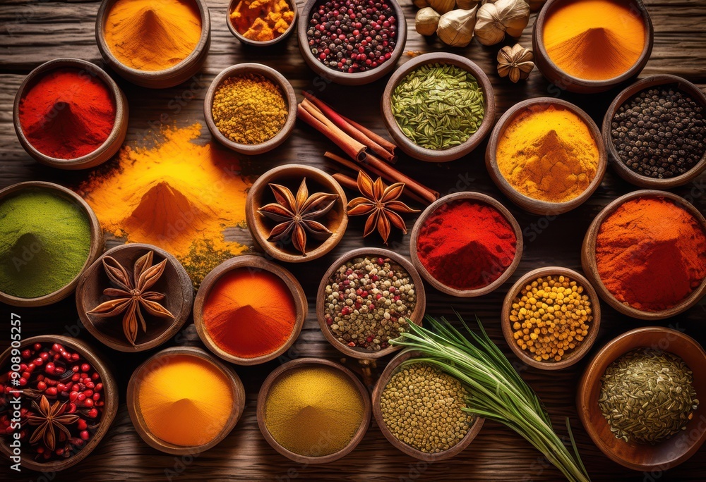 vibrant arrangement exotic spices various colors spread across rustic wooden surface, colorful, display, rare, herb, seasoning, culinary, ingredient vibrant arrangement exotic spices various colors spread across rustic wooden surface, colorful, display, rare, herb, seasoning, culinary, ingredient