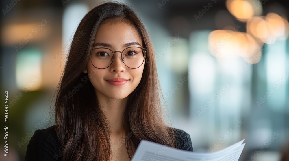 Smiling Woman with Glasses Holding Document Smiling Woman with Glasses Holding Document