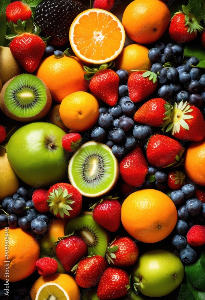 vibrant colorful arrangement fresh seasonal fruits showcased soft natural light lush greenery accents, display, healthy, berries, citrus, apples, bananas vibrant colorful arrangement fresh seasonal fruits showcased soft natural light lush greenery accents, display, healthy, berries, citrus, apples, bananas