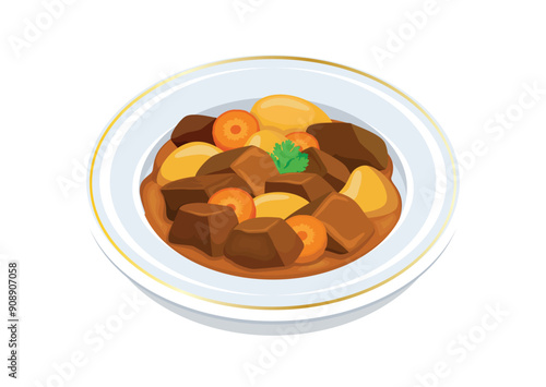 Stewed beef with carrots and potatoes on a plate vector illustration. Goulash with carrot and potatoes icon vector isolated on a white background. Beef stew on a plate drawing