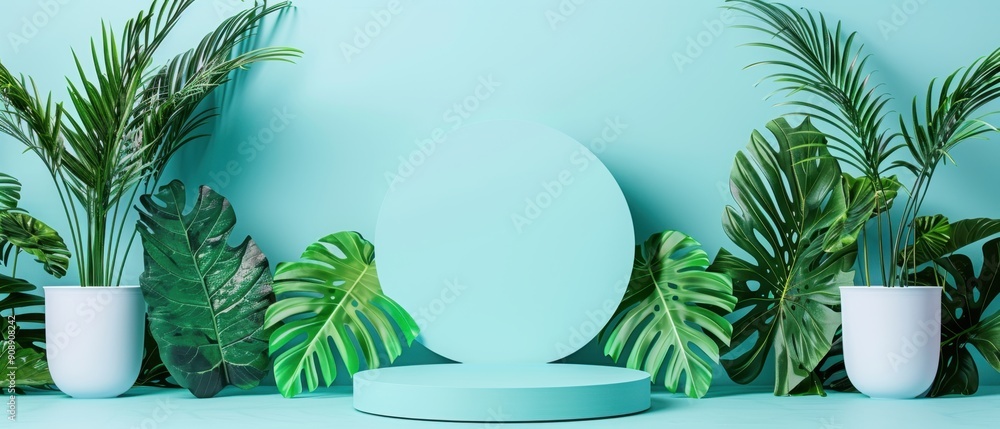 Elegant botanical background with tropical leaves and podium, perfect for product display or presentation, set against a calming blue backdrop. Elegant botanical background with tropical leaves and podium, perfect for product display or presentation, set against a calming blue backdrop.
