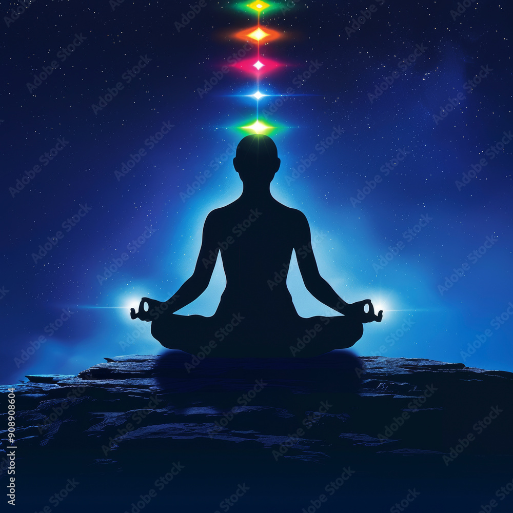 Chakra Alignment Under the Cosmic Canopy: A silhouetted figure finds balance and enlightenment through meditation, bathed in the vibrant hues of their aligned chakras beneath a star-studded expanse. Chakra Alignment Under the Cosmic Canopy: A silhouetted figure finds balance and enlightenment through meditation, bathed in the vibrant hues of their aligned chakras beneath a star-studded expanse.