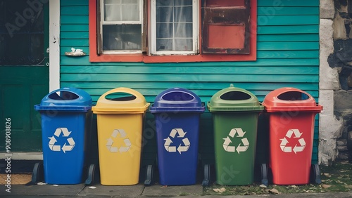 Beautiful reusing bins outside a house, idea of waste administration and natural maintainability.