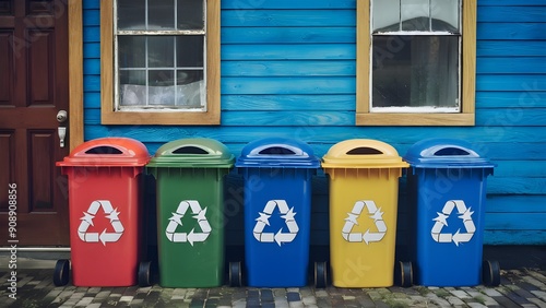 Beautiful reusing bins outside a house, idea of waste administration and natural maintainability.