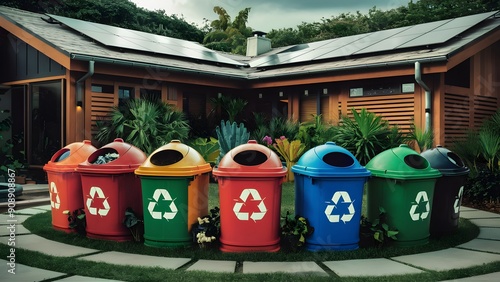 Beautiful reusing bins outside a house, idea of waste administration and natural maintainability.
