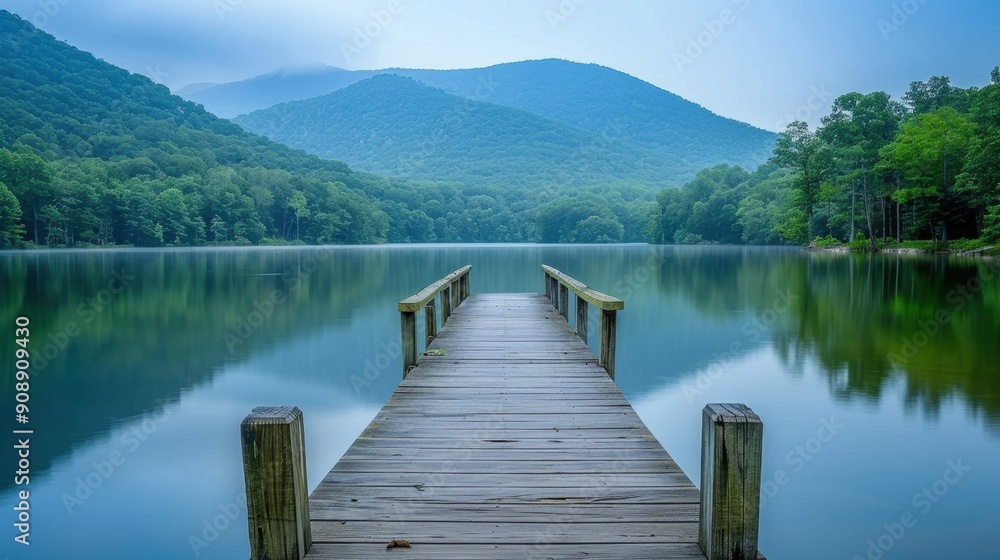 Serene lakeside dock extending over calm water, surrounded by lush green trees and mountains. Perfect for nature and landscape photography. Serene lakeside dock extending over calm water, surrounded by lush green trees and mountains. Perfect for nature and landscape photography.