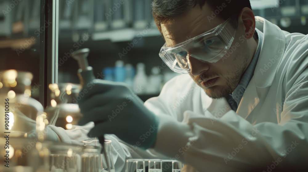 A focused scientist works intently in a laboratory, surrounded by equipment and glowing glass containers, embodying the spirit of scientific exploration. A focused scientist works intently in a laboratory, surrounded by equipment and glowing glass containers, embodying the spirit of scientific exploration.