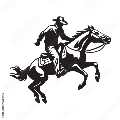  cowboy riding horse doing stunt horse racing icon black and white vector business logo tattoo design illustration high quality image for prints t-shirt 