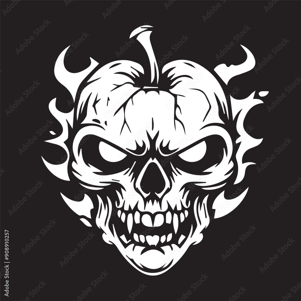 skull in the shape of a pumpkin fire background scary halloween evil demon icon black and white vector business logo tattoo design illustration high quality image for prints t-shirt skull in the shape of a pumpkin fire background scary halloween evil demon icon black and white vector business logo tattoo design illustration high quality image for prints t-shirt