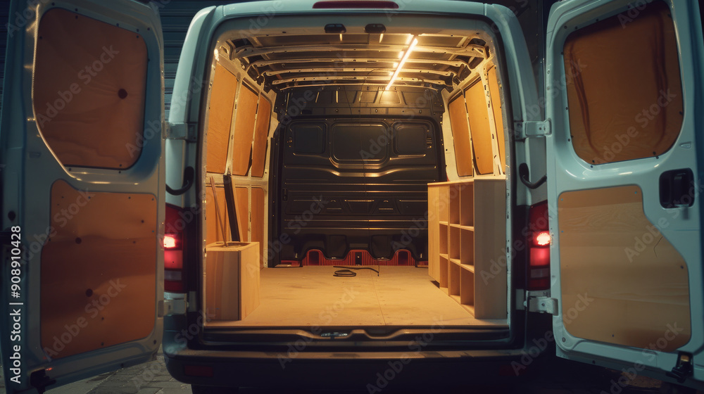 The warmly lit interior of an empty van with open rear doors, showcasing a spacious cargo area ready for use, highlighting functionality and preparation. The warmly lit interior of an empty van with open rear doors, showcasing a spacious cargo area ready for use, highlighting functionality and preparation.