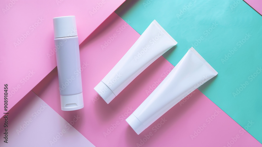 Colorful arrangement of cosmetic containers on a pastel background, showcasing sleek design and modernity. Colorful arrangement of cosmetic containers on a pastel background, showcasing sleek design and modernity.