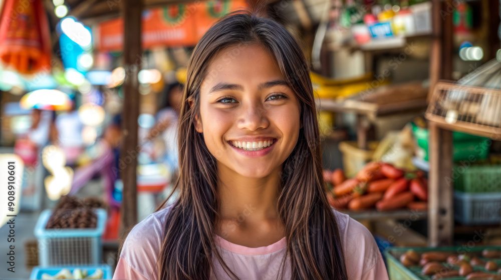 Young girl smiling at the camera in front of produce stand with carrots. Young girl smiling at the camera in front of produce stand with carrots.