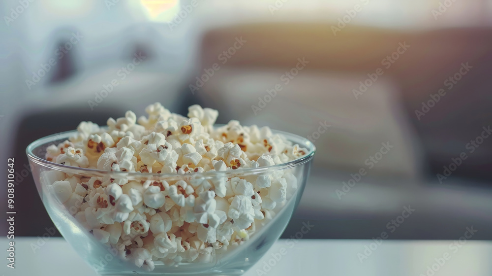 A glass bowl filled with freshly popped popcorn rests on a table, with a softly-focused living room in the background, creating a cozy, relaxed atmosphere. A glass bowl filled with freshly popped popcorn rests on a table, with a softly-focused living room in the background, creating a cozy, relaxed atmosphere.