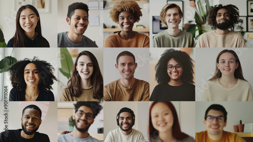 A collage of joyful individuals all smiling, presenting a diverse group of faces in various settings, creating a mosaic of happiness and unity.