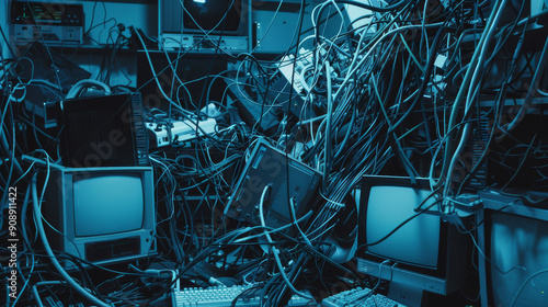 A chaotic jumble of cables and vintage computer equipment fills a poorly lit room, encapsulating the disorderly side of technological history.