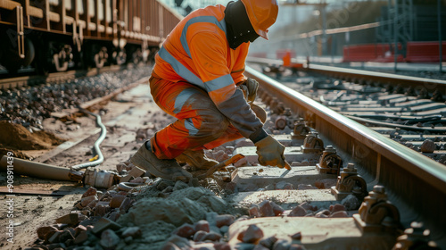 A diligent worker in orange safety gear repairs railway tracks, emphasizing the importance of infrastructure maintenance and manual labor.