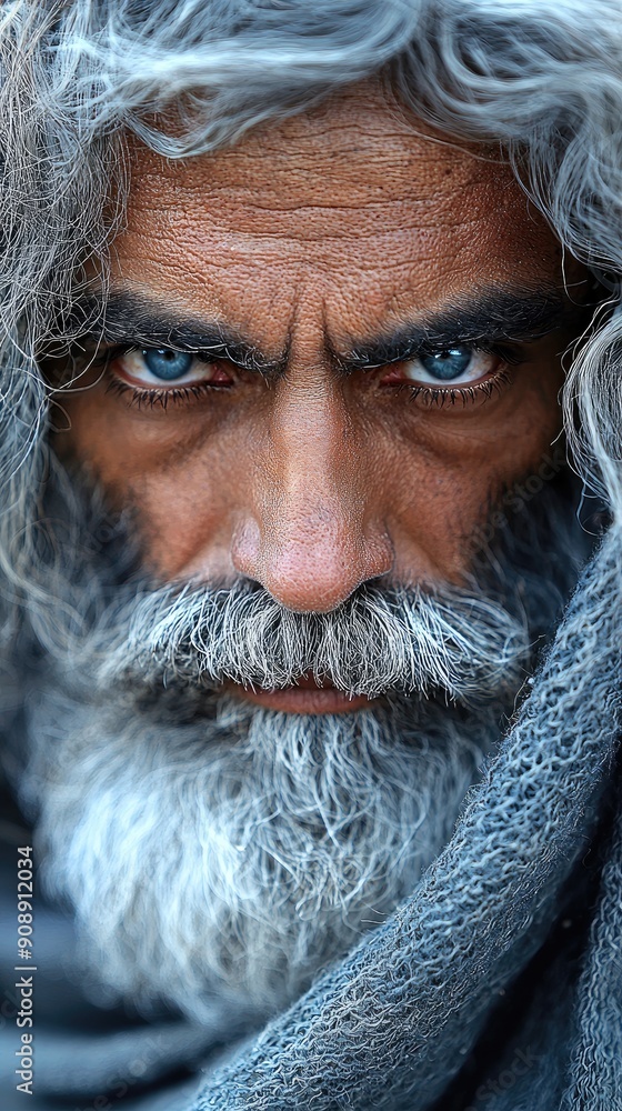 An old man with a blurred background of an ancient city 