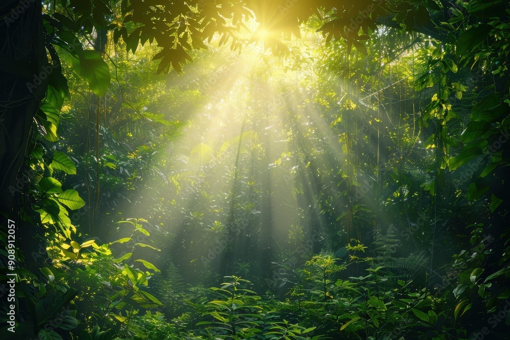 Lush green jungle with sunlight shining through foliage suitable for naturethemed designs, environmental websites, travel brochures, tropical settings. Lush green jungle with sunlight shining through foliage suitable for naturethemed designs, environmental websites, travel brochures, tropical settings.