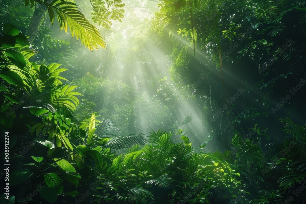 Lush green jungle with sunlight shining through foliage suitable for naturethemed designs, environmental websites, travel brochures, tropical settings. Lush green jungle with sunlight shining through foliage suitable for naturethemed designs, environmental websites, travel brochures, tropical settings.