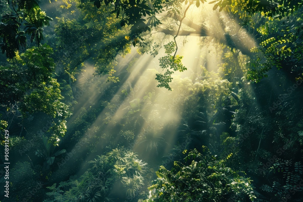 Lush green jungle with sunlight shining through foliage suitable for naturethemed designs, environmental websites, travel brochures, tropical settings. Lush green jungle with sunlight shining through foliage suitable for naturethemed designs, environmental websites, travel brochures, tropical settings.