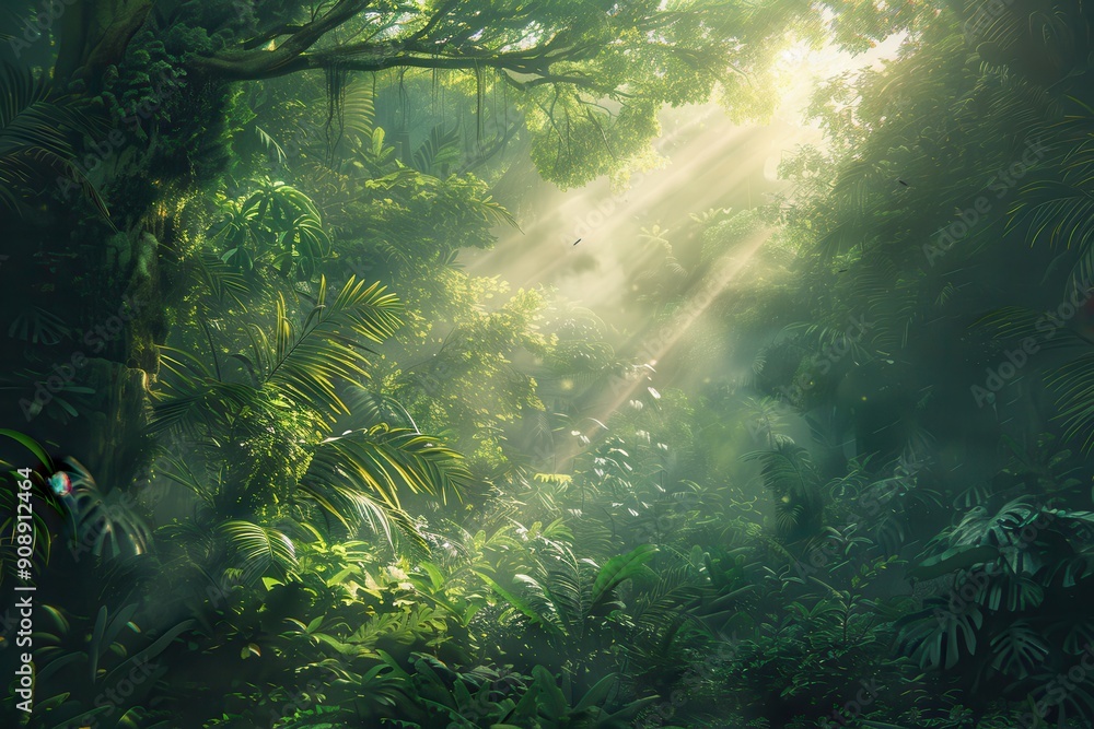 Lush green jungle with sunlight shining through foliage suitable for naturethemed designs, environmental websites, travel brochures, tropical settings. Lush green jungle with sunlight shining through foliage suitable for naturethemed designs, environmental websites, travel brochures, tropical settings.