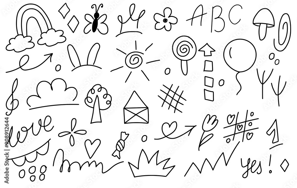 Obraz premium Set of cartoon doodle hand drawn elements. Line art. Crowns, rainbow, hearts, stars, flowers, sparkles, arrows, lightnings, smiley, signs, funny design elements іsolated on white background.