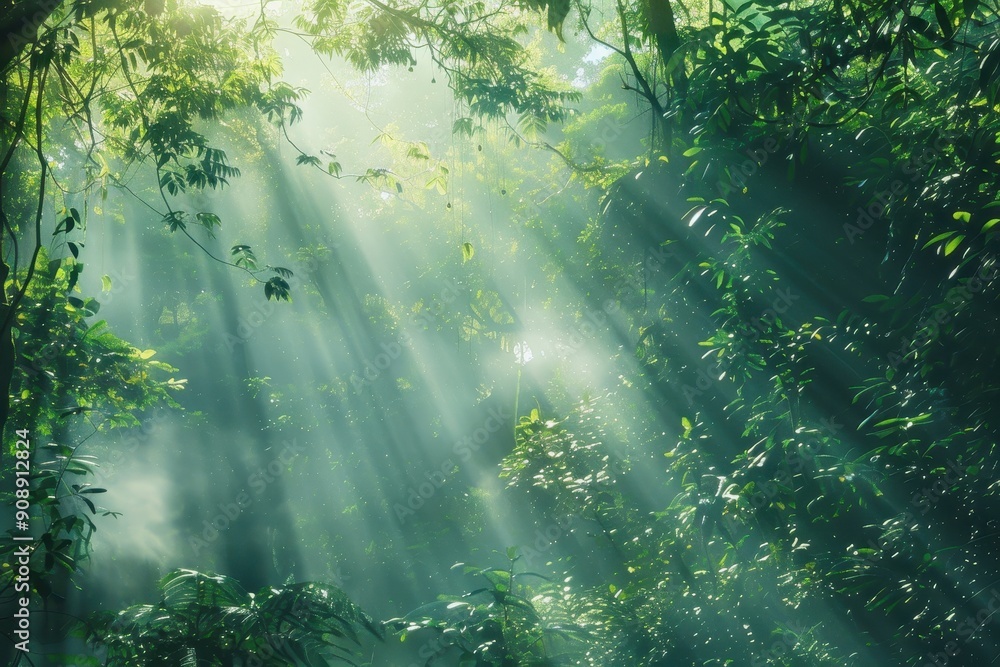 Lush green jungle with sunlight shining through foliage suitable for naturethemed designs, environmental websites, travel brochures, tropical settings. Lush green jungle with sunlight shining through foliage suitable for naturethemed designs, environmental websites, travel brochures, tropical settings.