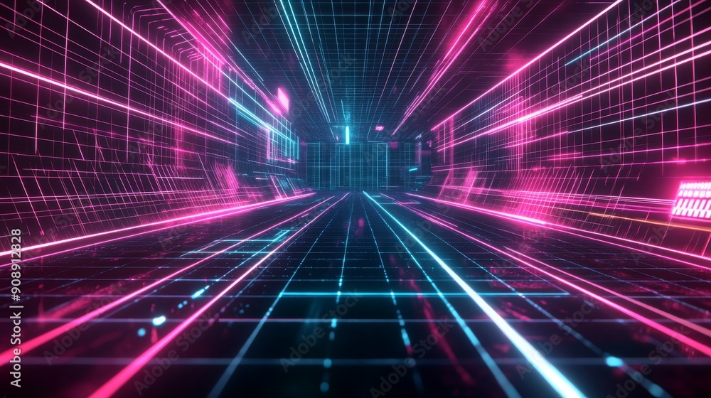 Abstract Neon Grid Corridor with Pink and Blue Lines Abstract Neon Grid Corridor with Pink and Blue Lines