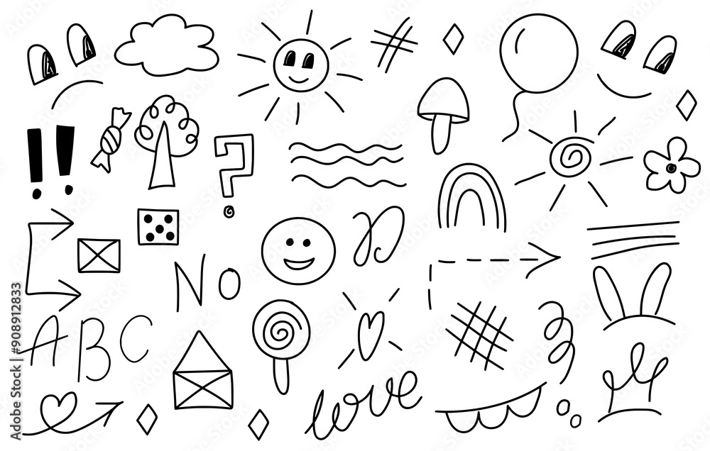 Obraz premium Big set of Hand-Drawn Doodle Elements Set – Fun Sketch Icons and Symbols for Notes and Design. Crowns, hearts, stars, flowers, sparkles, arrows, lightnings, smiley, signs .