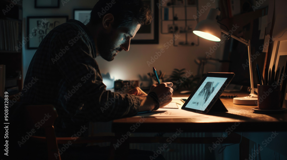 A focused man works late into the night, sketching by the warm glow of a desk lamp, his tablet providing reference on a cluttered yet cozy desk. A focused man works late into the night, sketching by the warm glow of a desk lamp, his tablet providing reference on a cluttered yet cozy desk.